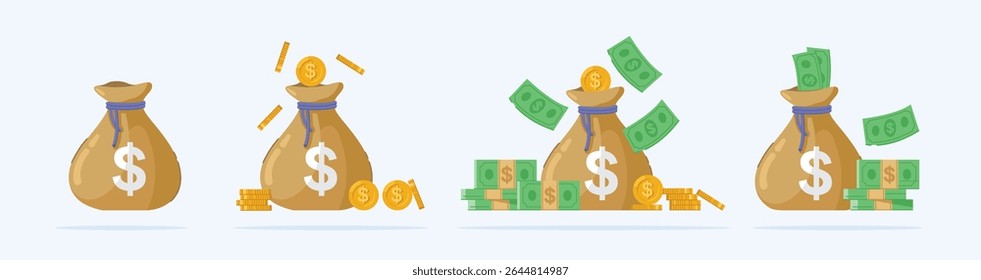 collection of money bags with various contents, wealth around scattered banknotes, gold coin money bags in flat style
