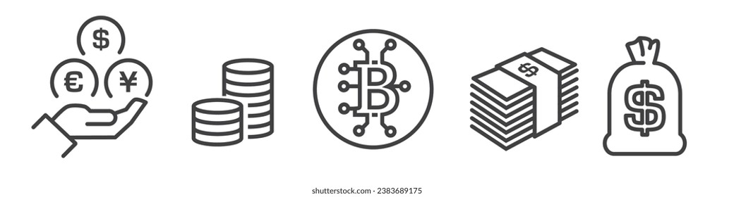 Colección de dinero, moneda y criptodivisa - Iconos de línea de vectores - Icono de línea de esquema sobre fondo blanco - Accionamiento editable