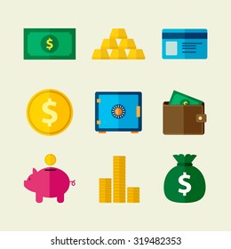 Collection of money flat icons in vector illustration