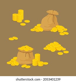 Collection of money icons. Old canvas pouches full of gold with stacks and piles of coins. Pirate treasure, reward. Cartoon style illustration. Vector.