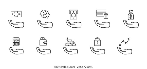 Kollektion von Geld-Icons. Vektorillustration. Enthält Dollars, Aktien, Haus, Verlust, Investition, Spende, Cashback, Geldbeutel, Geldeinsparungen, Entnahme, Geld, Münzen.