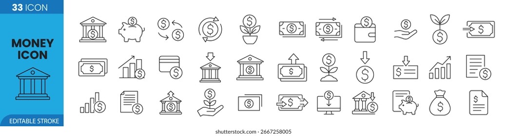 Colección del icono de la línea de dinero Ilustración vectorial. dinero, finanzas, banca, inversión, ahorros, divisas, transacciones, crecimiento, icono de negocio