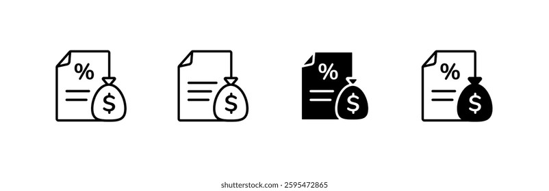 Collection of money and percentage icons depicting documents with dollar signs and percentage symbols.