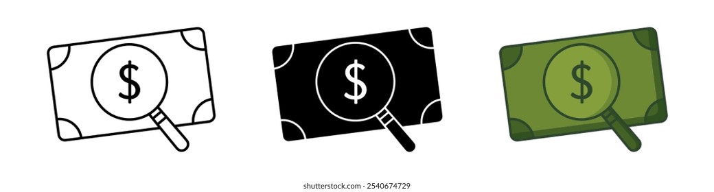 collection of money search icons, dollar symbol and magnifying glass. trendy and modern design