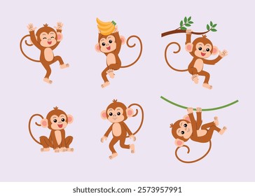 collection of monkey cartoon characters happy dance, holding a banana over the head, holding a branch and greeting, sitting on the floor, walking, holding a vine illustration 