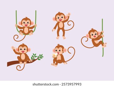 collection of monkey cartoon characters swing on a vine , standing and waving hand, sit on a branch , eating banana, holding on a vine illustration