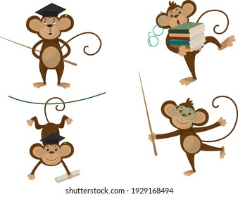 Collection of monkey in different poses with bachelor cap, books and glasses