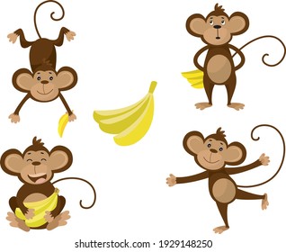 Collection of monkey in different poses with banana