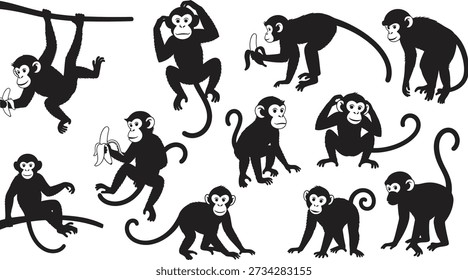 Uma coleção de silhuetas de macacos em diferentes posições e movimentos, destacando sua flexibilidade e curiosidade