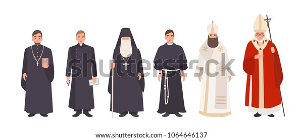 Collection of monks, priests and religious
leaders of Catholic and Orthodox christian churches. Bundle of
clergymen or male flat cartoon characters isolated on white
background. Vector
illustration.