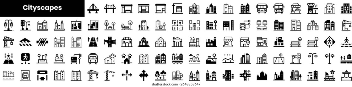 Uma coleção de ícones monocromáticos da paisagem urbana, com vários edifícios, transporte e elementos urbanos, todos projetados em um estilo elegante e moderno.