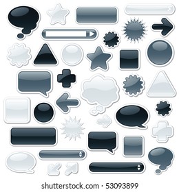 Collection of monochromatic, glossy web elements including: arrows, search bars, speech and thought bubbles