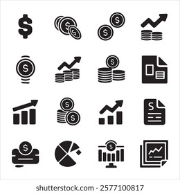 A collection of monochromatic icons related to finance and business