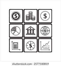 A collection of monochromatic icons related to finance and business