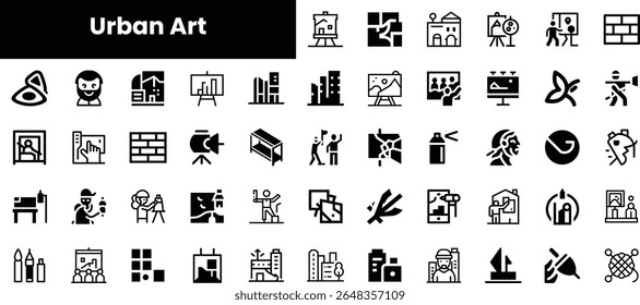 Uma coleção de ícones monocromáticos que representam vários aspectos da arte urbana, criatividade e envolvimento da comunidade em um design gráfico elegante.