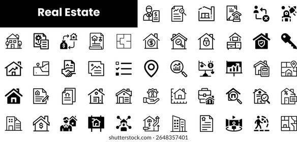 A collection of monochromatic icons representing various aspects of real estate, including homes, contracts, financial elements, and key services, suitable for professional use.