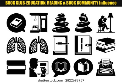 A collection of monochromatic pictograms portrays diverse elements associated with reading including books bookshelves typewriters and people engaged in literary pursuits.