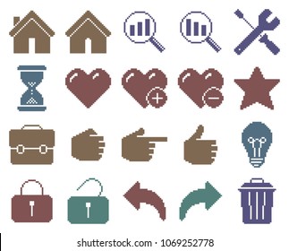 Collection of monochromatic pixel icons: User interface. Set #2