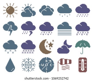 Collection of monochromatic pixel icons: Weather