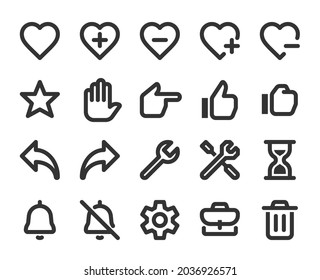 Collection of monochromatic pixel perfect icons: User interface. Set #2.  Built on  base grid of  24 x 24 pixels. The initial base line weight is 2 pixels. Editable strokes