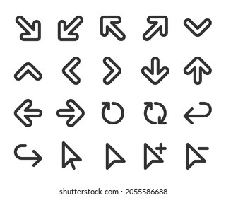 Collection of monochromatic pixel-perfect linear icons:  Arrows.  Built originally on base grid of 24 x 24 pixels. Editable strokes  