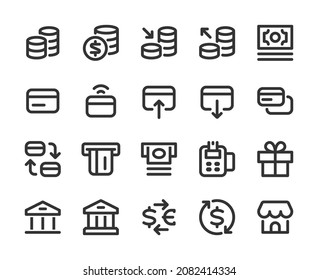Collection of monochromatic pixel-perfect linear icons: Finance,  banking and shopping. Set #2. Built originally on  base grid 32 x 32 pixels.  Editable strokes