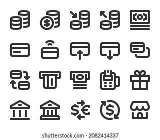 Collection of monochromatic pixel-perfect linear icons: Finance,  banking and shopping. Set #2. Built originally on  base grid 24 x 24 pixels. Editable strokes