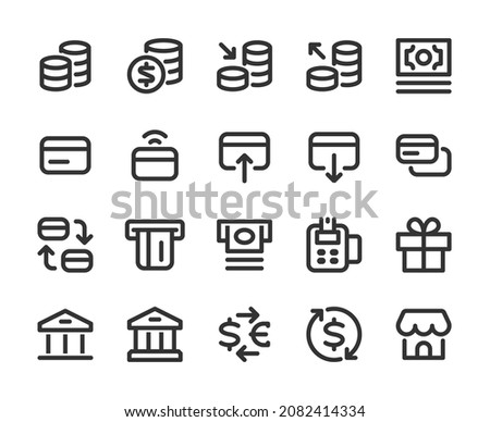 Collection of monochromatic pixel-perfect linear icons: Finance,  banking and shopping. Set #2. Built originally on  base grid 32 x 32 pixels.  Editable strokes