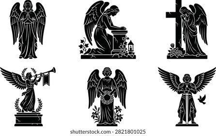Collection of monochromatic winged figures in silhouette evoking a gothic halloween atmosphere for editorial and graphic needs.