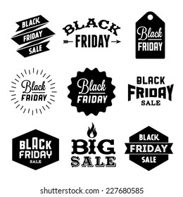 Collection Monochrome Black Friday Label, Badge For Your Business  With Arrow, Fire, Ribbon, Starburst