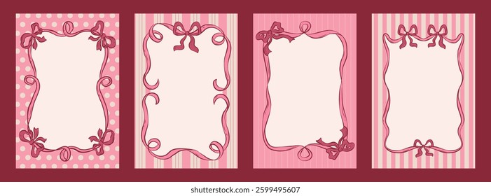 Collection of monochrome cards in vintage style. Hand drawn whimsical ribbon frames and gentle bows. Template for wedding, birthday and other holidays