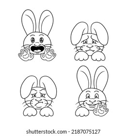 A collection of monochrome characters, cute little bunnies in cartoon style, funny and angry rabbit. Vector illustration