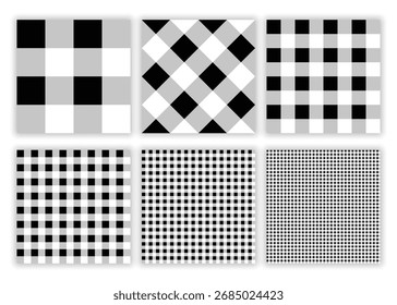 Colección de diseños monocromos a cuadros sin costuras en tonos negros, blancos y grises, ideales para manualidades, envolturas y proyectos gráficos.

