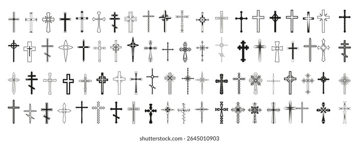 Collection of monochrome crosses in a linear style. vector 