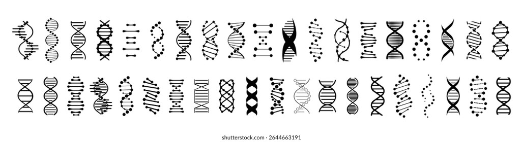 Collection of monochrome DNA icons. Black and white DNA spirals in a linear style. vector illustration
