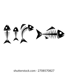 Colección de esqueletos de huesos de pescado monocromos que ilustran varios tamaños y posiciones sobre un fondo blanco limpio para proyectos de diseño