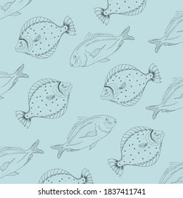 Collection of monochrome fish hand drawn with black contour lines on blue background. 