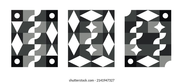 Collection of monochrome geometric pattern element. Set of abstract circle, rectangle, square, star shape in black and white color. Modern design on white background for decor, banner, wallpaper.