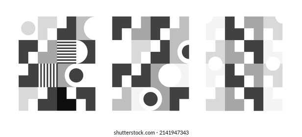 Collection of monochrome geometric pattern element. Set of abstract circle, rectangle, square, polygon shape in black and white color. Modern design on white background for decor, banner, wallpaper.
