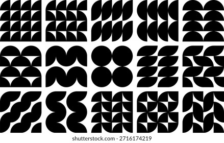 Una colección de patrones geométricos monocromáticos. Estos fondos sin fisuras se crean a partir de Formas redondeadas como semicírculos y círculos, formando varios arreglos abstractos. Perfecto para diseños modernos.