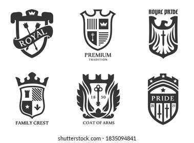 Sammlung monochrome heraldische Embleme einzeln auf weißem Hintergrund. Vorlage für Schilder im minimalistischen Cartoon-Stil. Set von Premium Vintage Vektorgrafik.