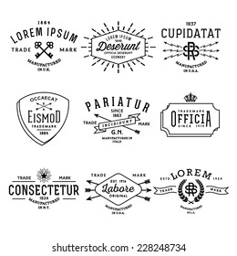 collection monochrome hipster vintage label, logo, badge for your business or t-shirt print with arrow, lightning, crown, ribbon, starburst, wreath