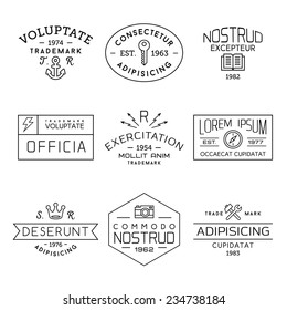 collection monochrome hipster vintage label, logotype , badge for your business or t-shirt print with anchor, lightning, crown, key, compass, hammer, spanner, camera