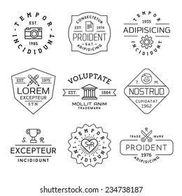 collection monochrome hipster vintage label, logotype, badge for your business or t-shirt print with photo camera, gear, pencil, bank, face,  champion cup, heart, scissors