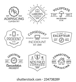 collection monochrome hipster vintage label, logotype, badge for your business or t-shirt print with portfolio, umbrella, mobile phone,monitor, compass, clock, shield; house, ribbon, starburst