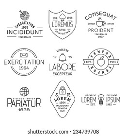 collection monochrome hipster vintage label, logotype, badge for your business or t-shirt print with target, shield, cup, letter, bell, apple, globe, lock, bulb