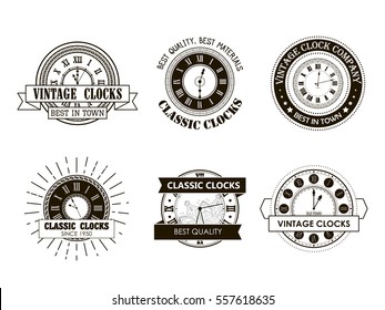 Collection monochrome hipster vintage label, logotype, badge for business. Retro watch graphic stamp. Repair company. Antique emblem