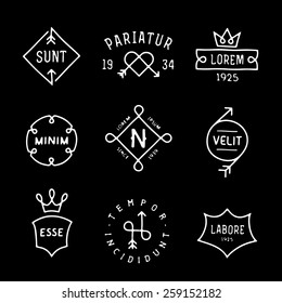 collection monochrome hipster vintage line label, logo, badge for your business or t-shirt print with arrow, crown, heart, shield, ribbon