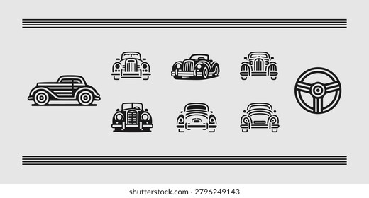 A collection of monochrome icons featuring classic vintage cars from different perspectives and a retro steering wheel, ideal for automotive history.