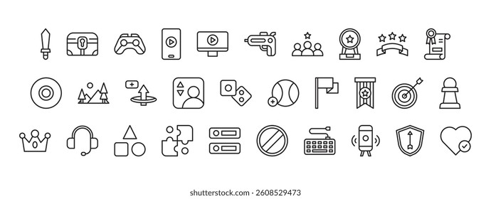 Collection of monochrome icons featuring various symbols and representations for applications in graphic design, web design, gaming elements and multimedia and digital communication contexts.